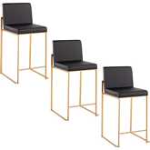 Fuji 26" High Back Counter Stool in Gold Steel & Black Leatherette (Set of 3)